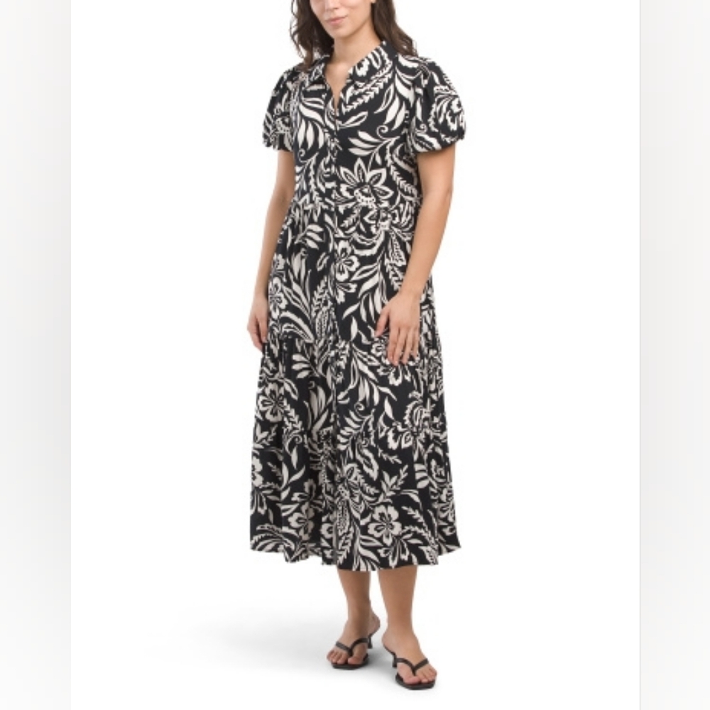 NWT - Sandra Darren Black and Cream Tropical Printed Shirtdress - Size L